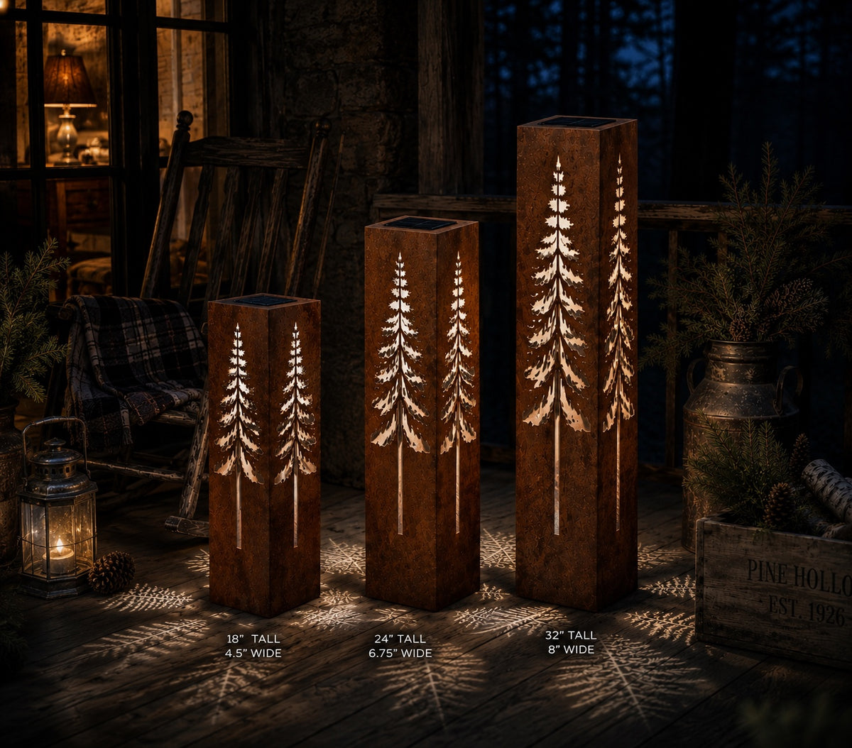 Pine Tree Luminary Set glowing in a rustic woodland setting