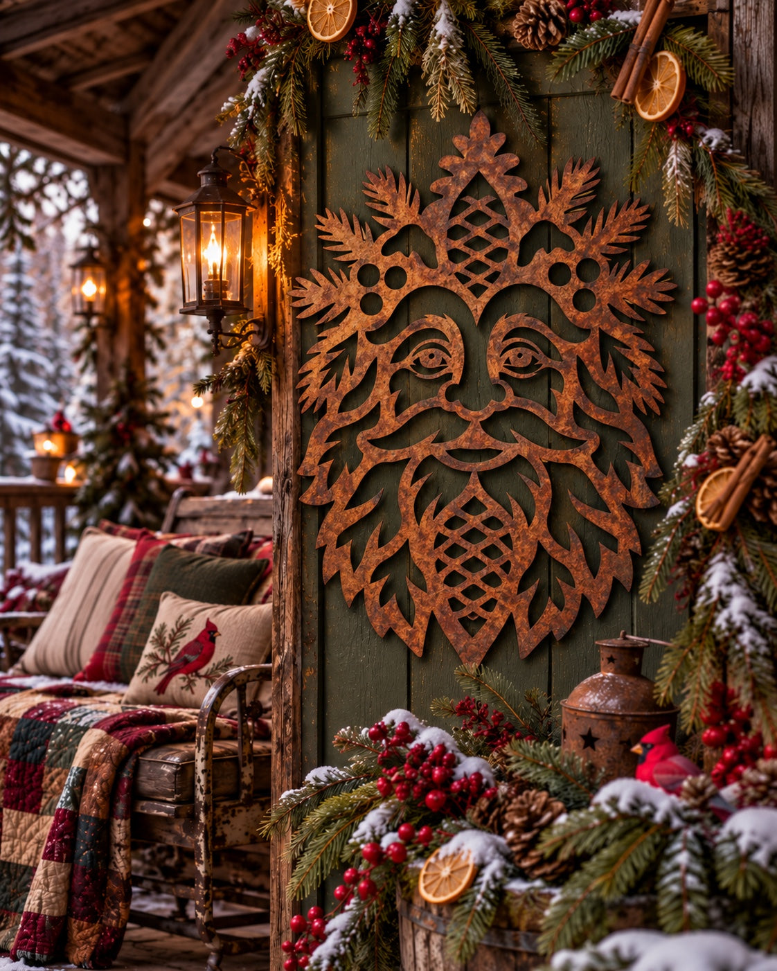 Pinewood Keeper winter spirit face with pinecones, evergreen sprigs and berry cutouts in Signature Rusted steel on a winter porch wall