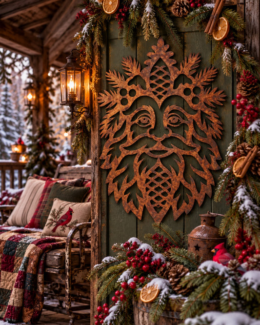Pinewood Keeper winter spirit face with pinecones, evergreen sprigs and berry cutouts in Signature Rusted steel on a winter porch wall