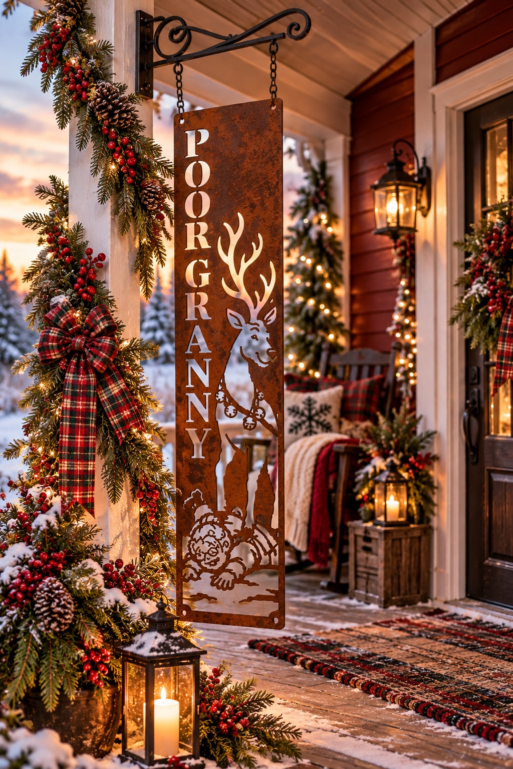 Funny Poor Granny (Grandma got ran over by a reindeer humor) Metal Porch Leaner