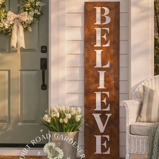 Handcrafted Steel BELIEVE Porch Sign | Farmhouse Leaner