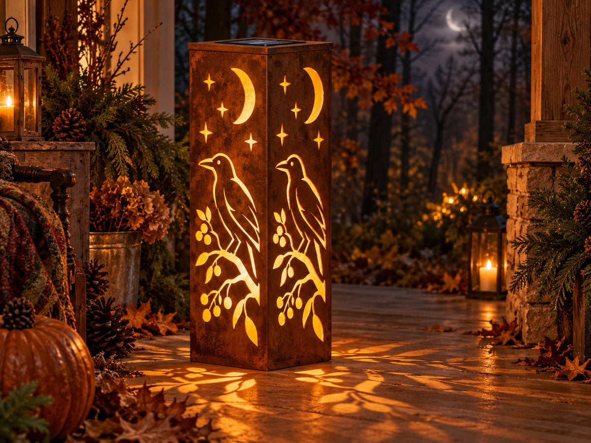 32-inch Primitive Crow rusted steel solar luminary with berry vine and crescent moon on autumn porch, view 1