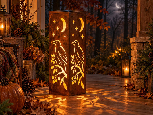 32-inch Primitive Crow rusted steel solar luminary with berry vine and crescent moon on autumn porch, view 1
