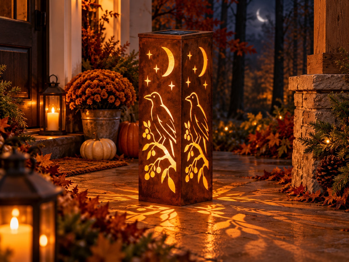 32-inch Primitive Crow rusted steel solar luminary with berry vine and crescent moon on autumn porch, view 2