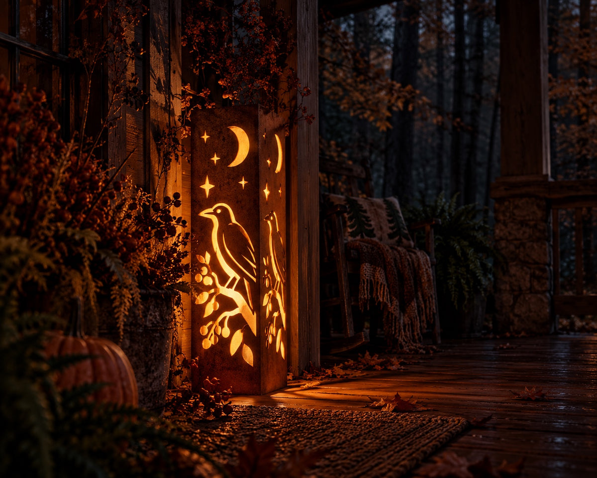 32-inch Primitive Crow rusted steel solar luminary with berry vine and crescent moon on autumn porch, view 4