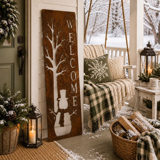Primitive Snowman Welcome Winter Metal Porch Leaner Sign