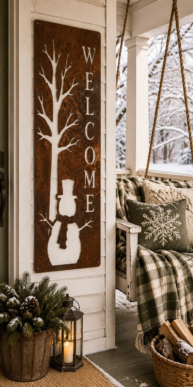 Primitive Snowman Welcome Winter Metal Porch Leaner Sign
