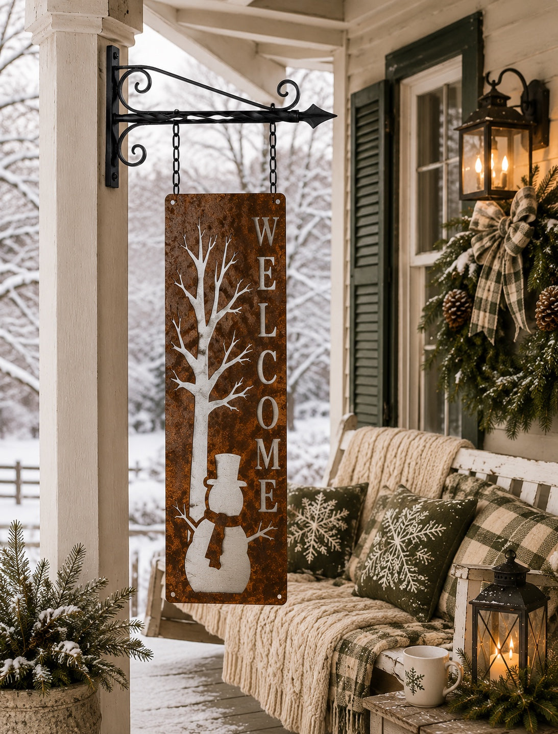 Primitive Snowman Welcome Winter Metal Porch Leaner Sign
