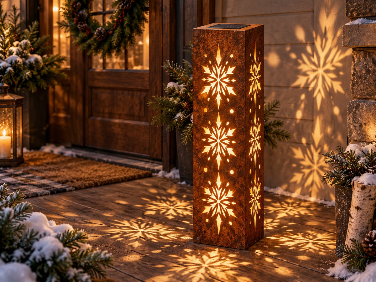 32-inch rusted steel snowflake solar luminary with three snowflakes on each side, winter porch view 1