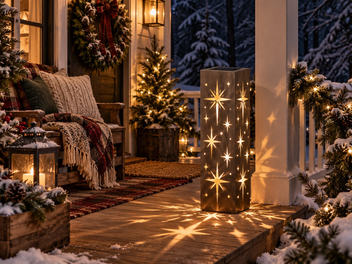 Starry Night 32-inch solar steel luminary on a snow-covered festive porch, first view