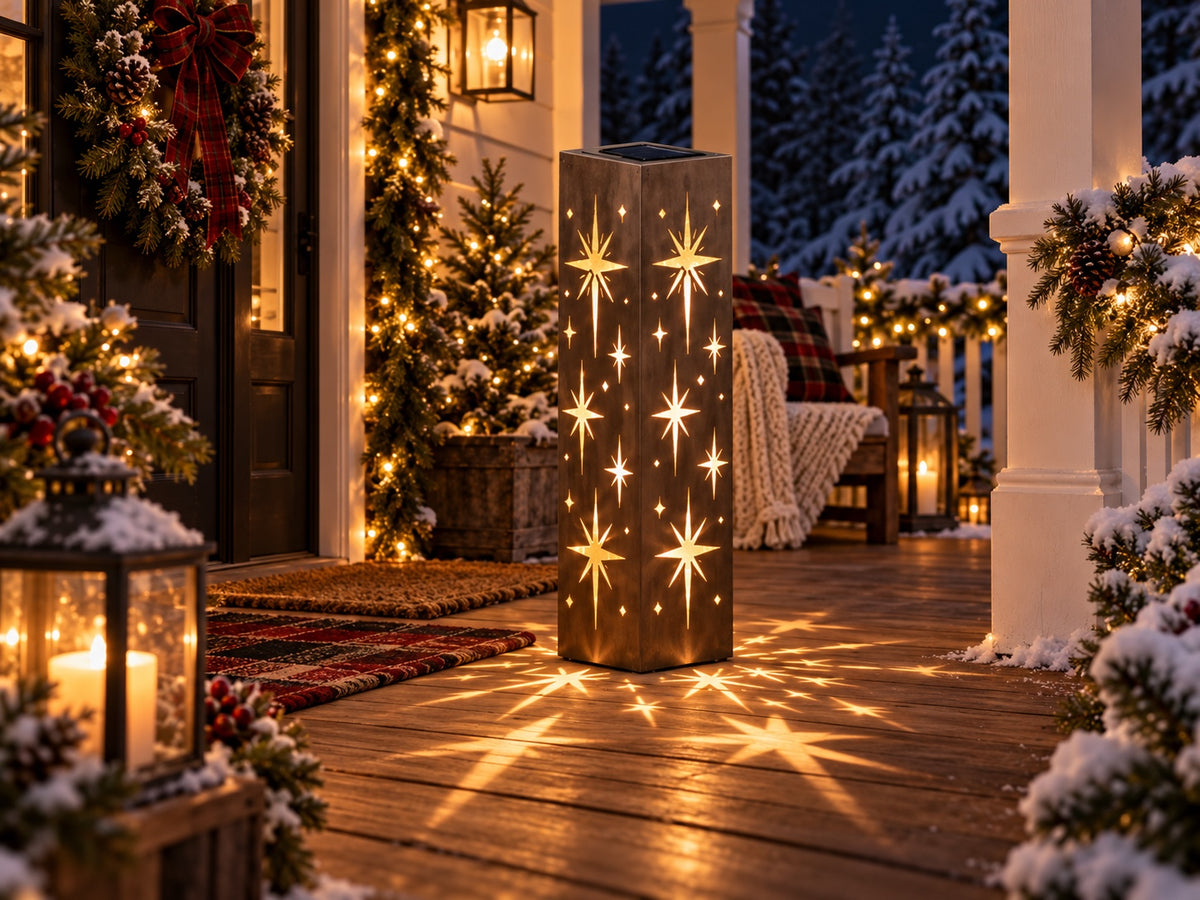Rusted Starry Night luminary with glowing star cutouts beside winter porch greenery