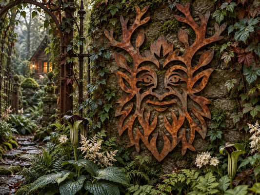 Wildwood Guardian antlered woodland spirit face with leafy beard in Signature Rusted steel displayed on a mossy garden wall