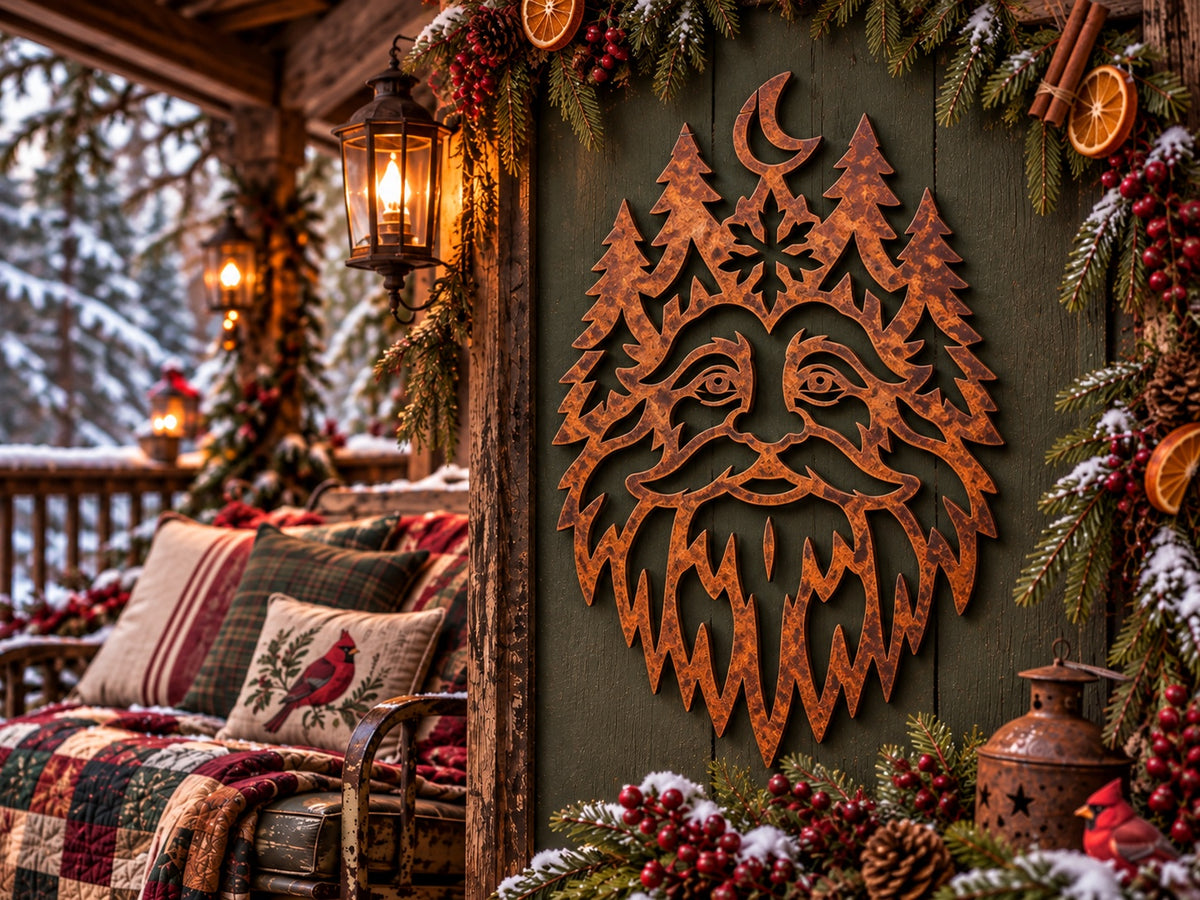 Wintermoon Keeper winter spirit face with crescent moon, evergreen tree crown and snowflake in Signature Rusted steel on an olive green porch wall