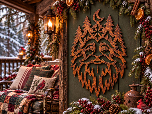 Wintermoon Keeper winter spirit face with crescent moon, evergreen tree crown and snowflake in Signature Rusted steel on an olive green porch wall
