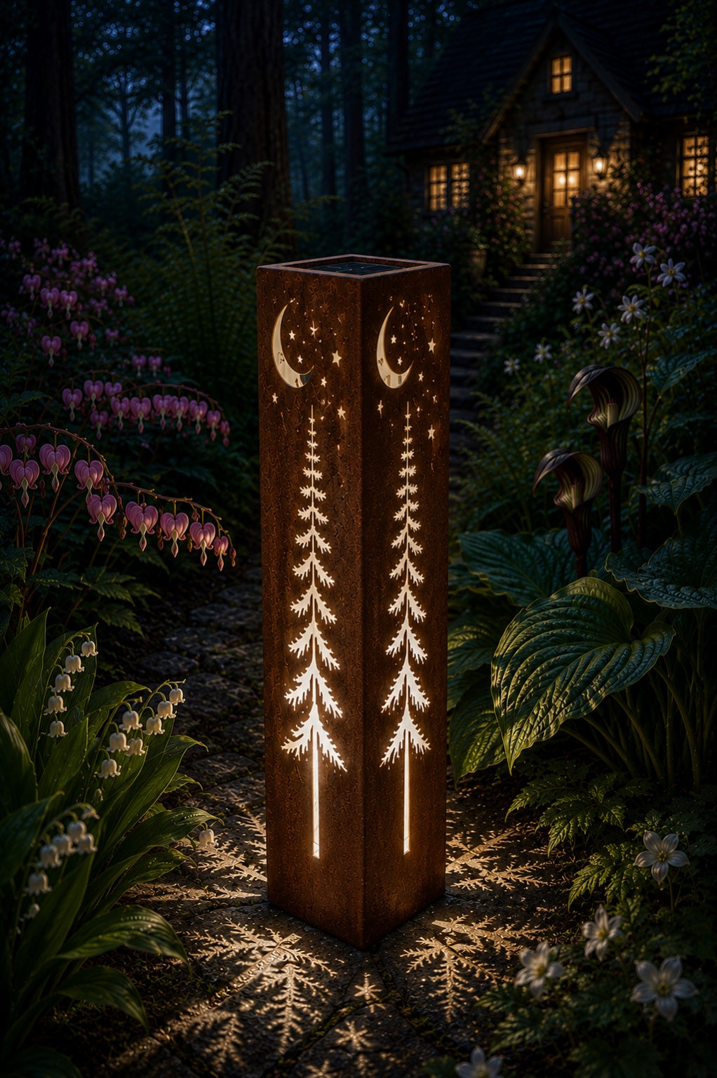 Woodland Moon & Stars Luminary glowing in a woodland cottage garden