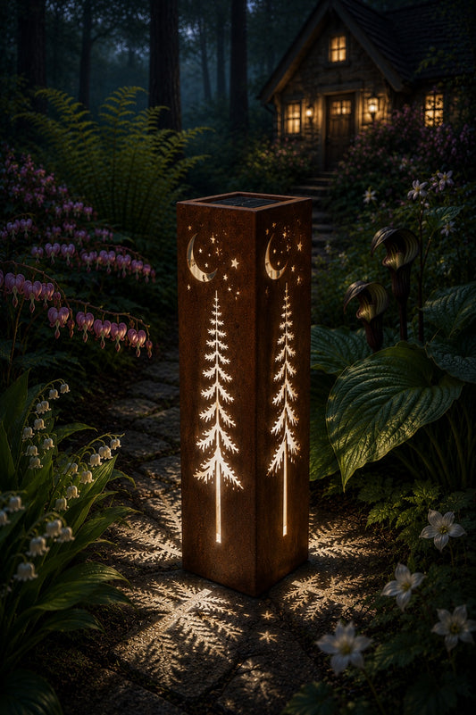 Woodland Moon & Stars Luminary glowing in a woodland cottage garden