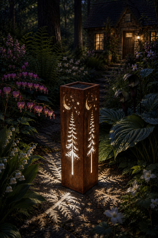 Woodland Moon & Stars Luminary glowing in a woodland cottage garden