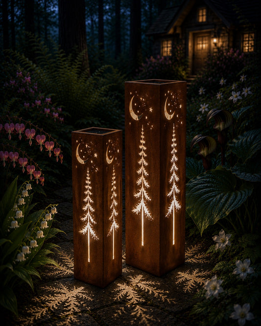 Woodland Moon & Stars Luminary Set glowing in a woodland cottage garden