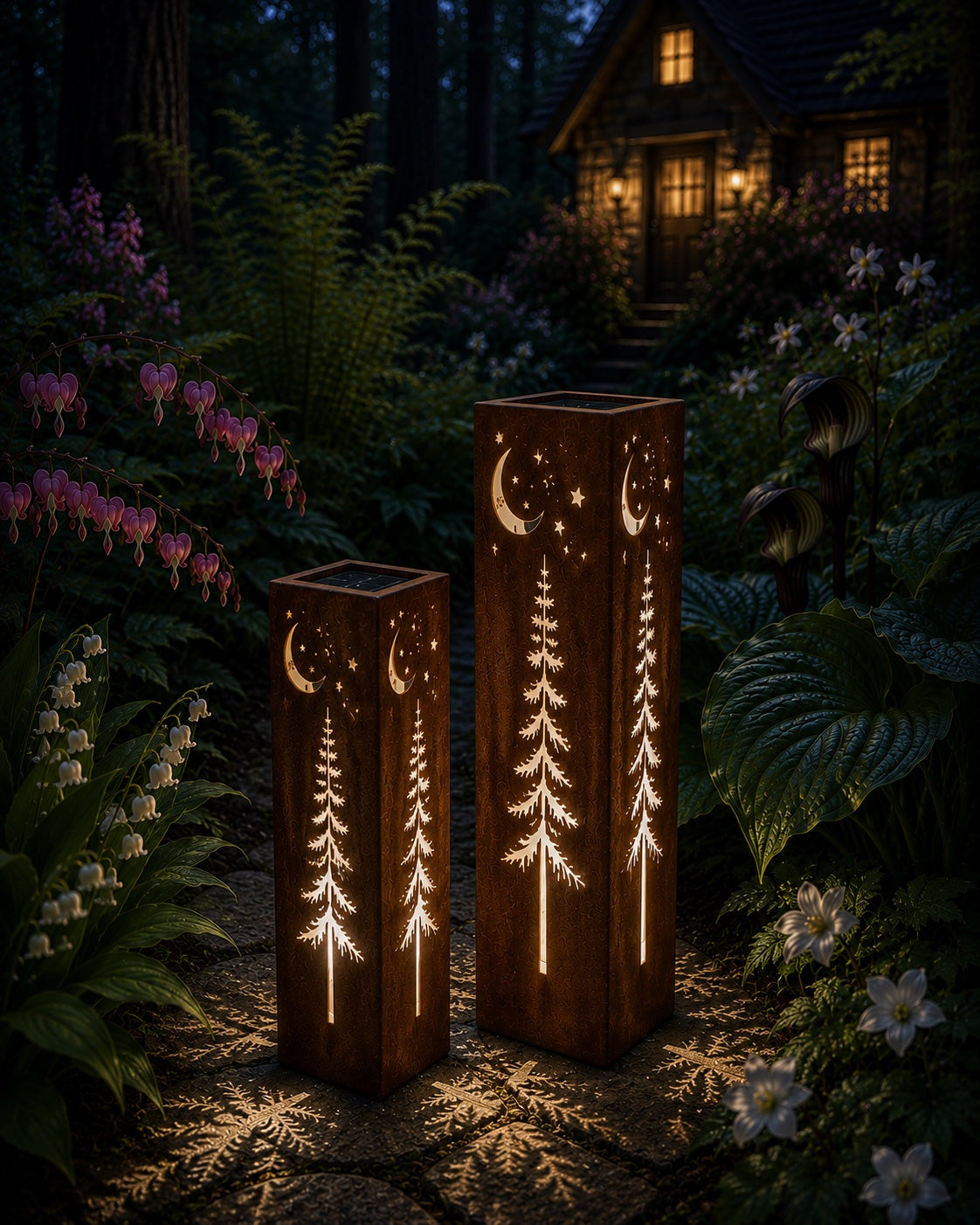 Woodland Moon & Stars Luminary Set glowing in a woodland cottage garden