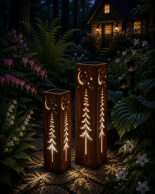 Woodland Moon & Stars Luminary Set glowing in a woodland cottage garden