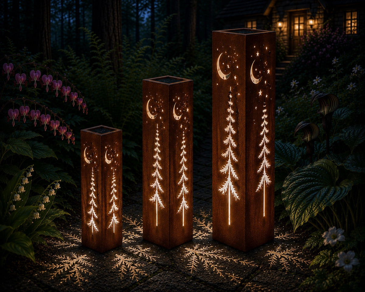 18, 24 and 32 inch Woodland Moon and Stars solar steel luminary trio glowing in a woodland garden