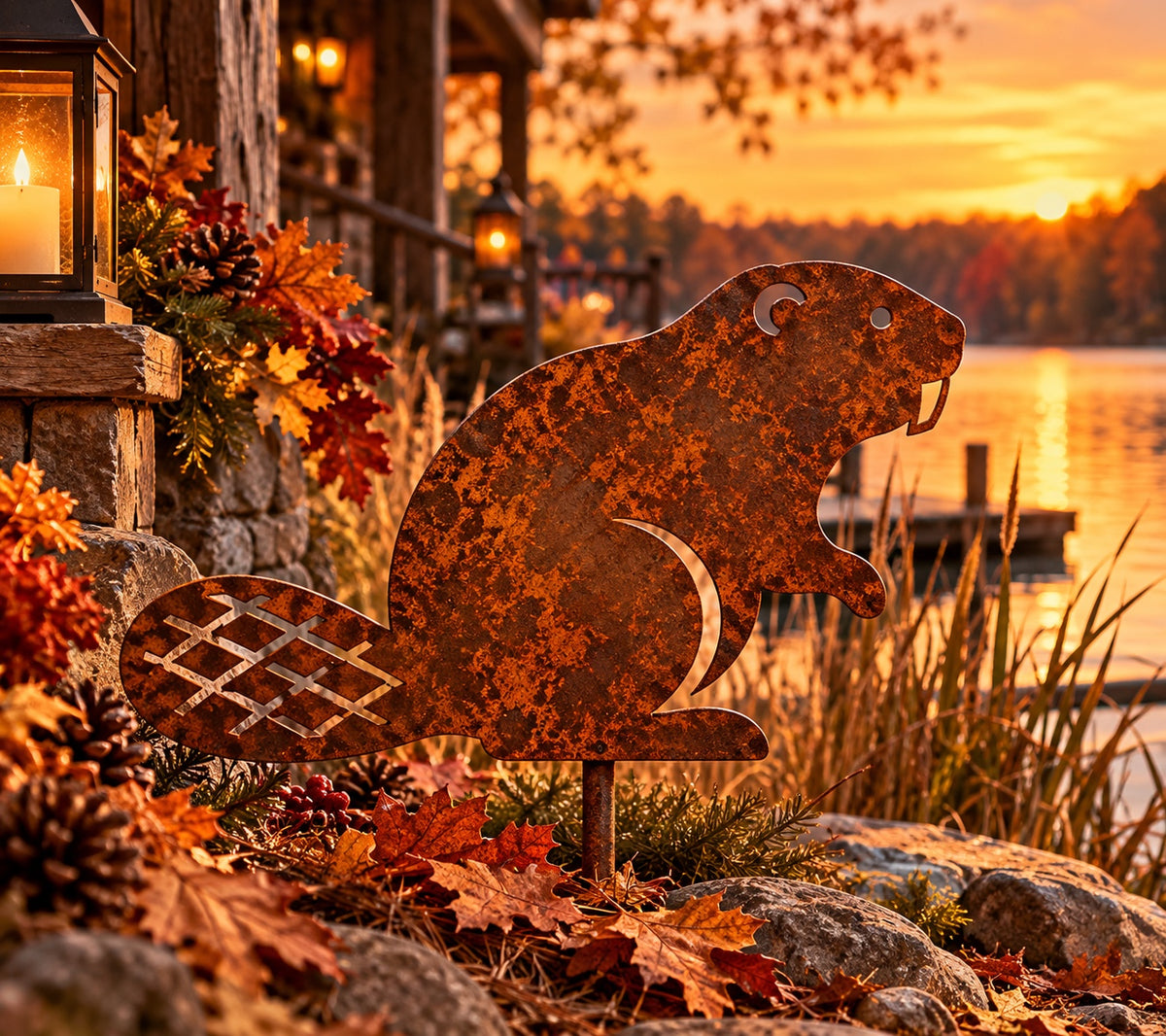 Rusted Woodland Beaver Metal Garden Stake with a patterned paddle tail and tooth detail, styled among autumn leaves beside a lakeside cabin.