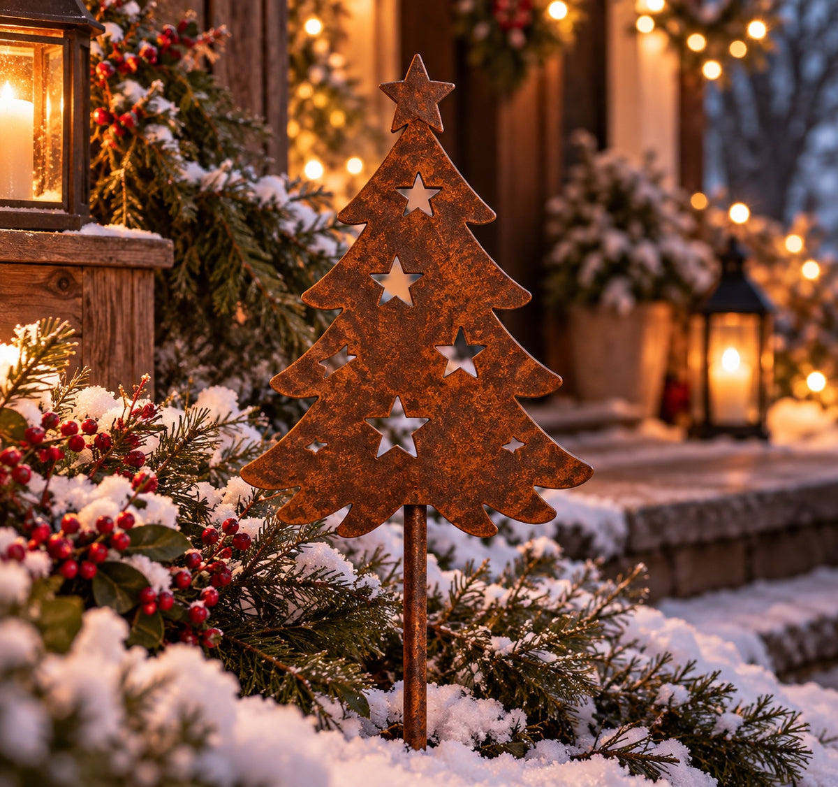 Rusted steel Christmas tree garden stake with a star topper and star-shaped cutouts, styled among snowy evergreens beside a lantern-lit porch.