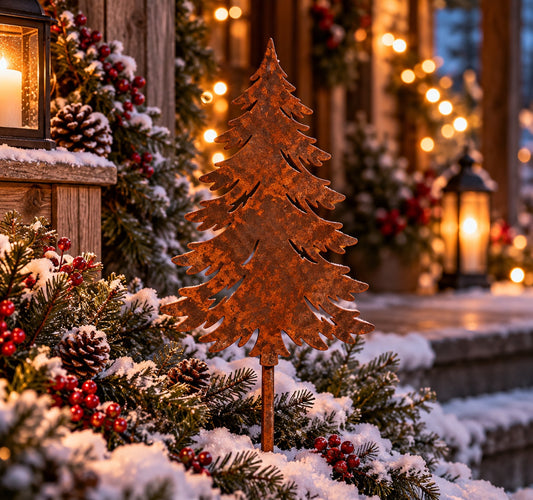 Rusted Woodland Evergreen Tree Metal Garden Stake with layered branch edges and open branch details, styled in a snowy porch planter with pinecones and red berries.