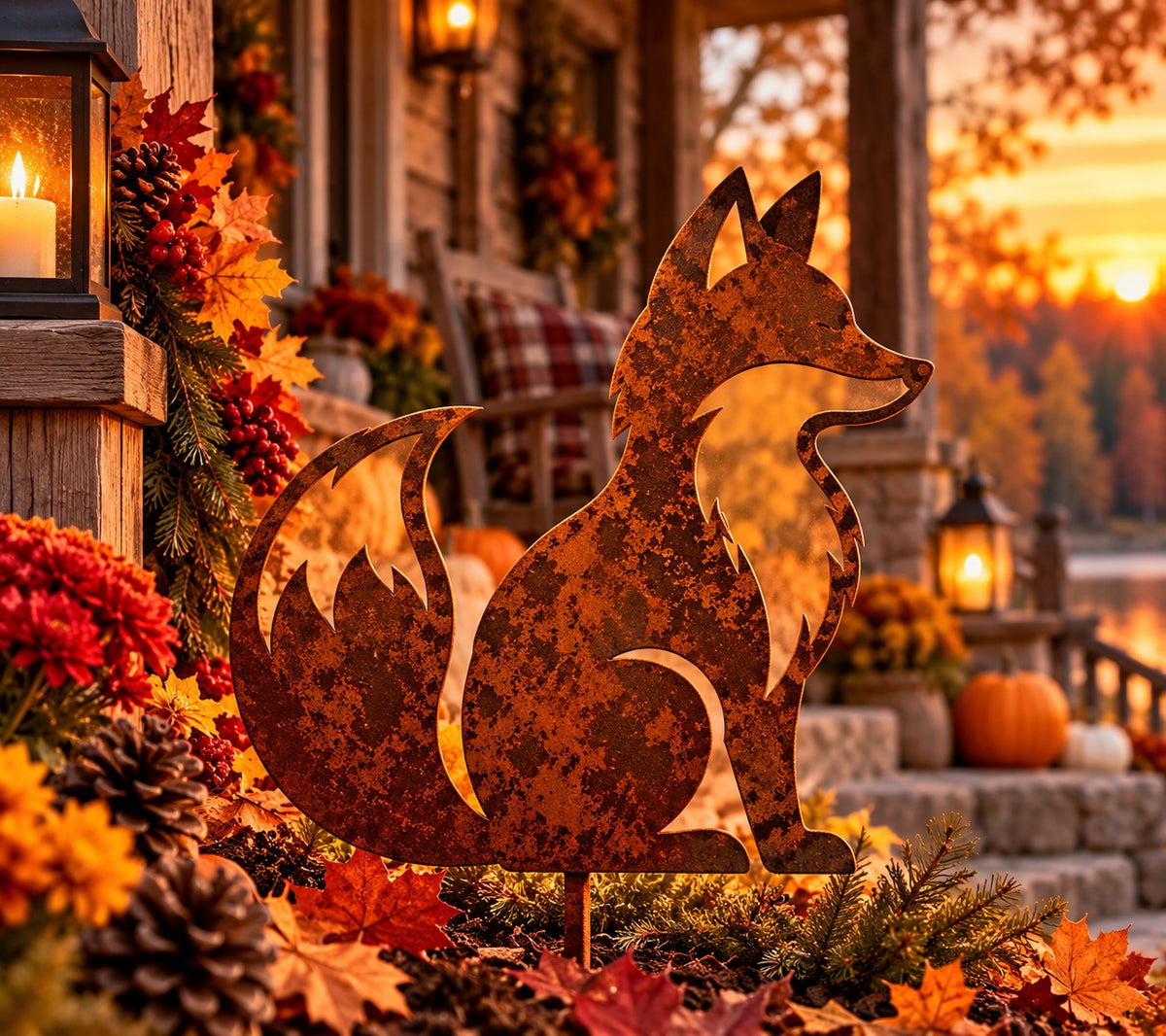 Rusted Woodland Fox Metal Garden Stake with a seated fox silhouette and open chest and tail details, styled in an autumn porch planter.