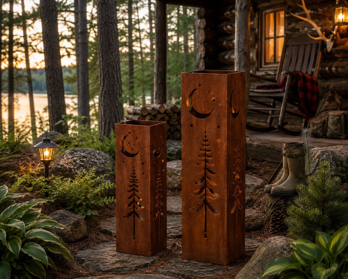18 and 24 inch Alpine Moon and Stars rustic steel garden column set