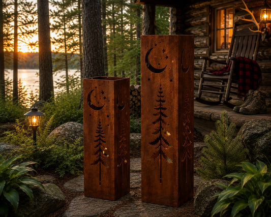 24 and 32 inch Alpine Moon and Stars rustic steel garden column set
