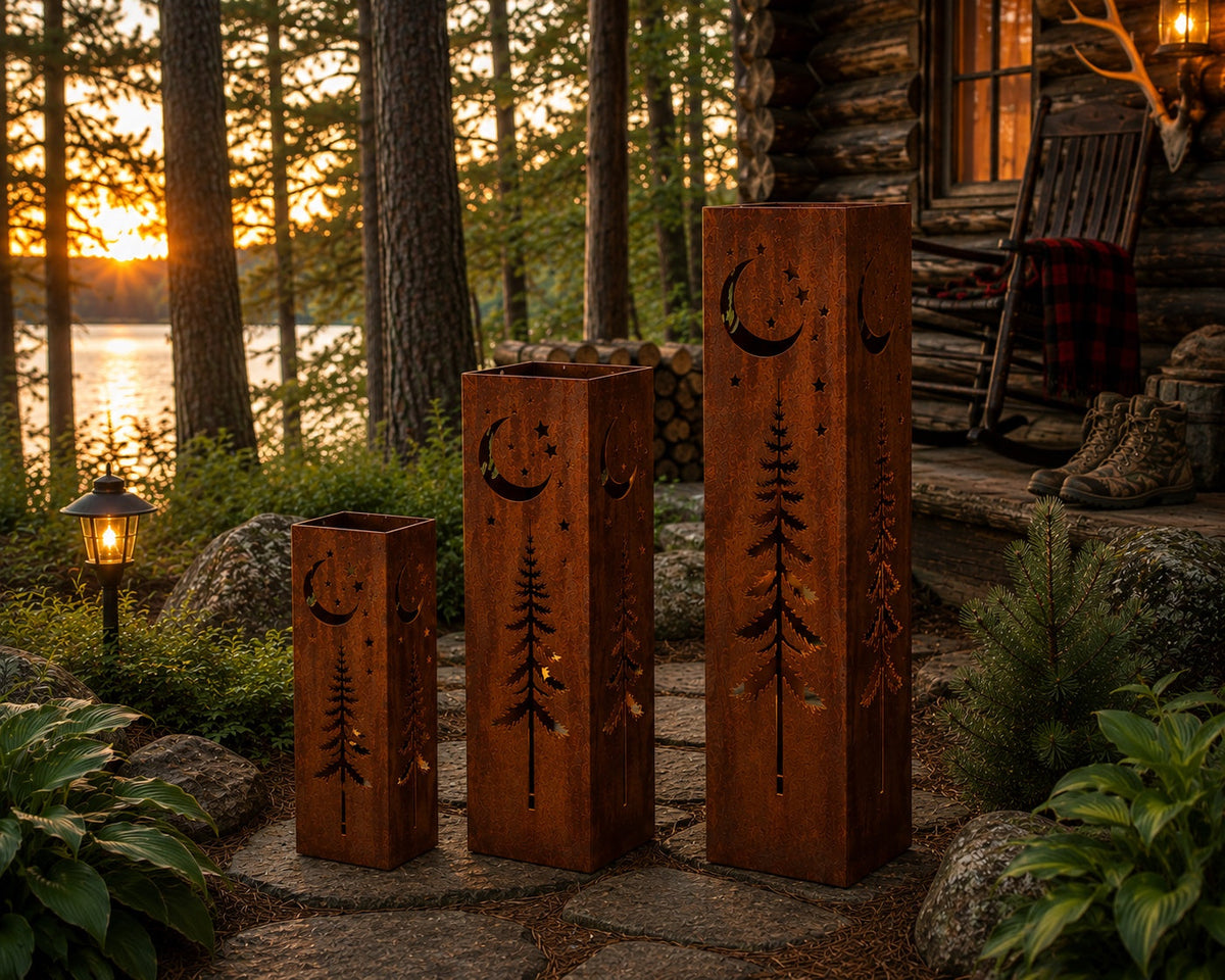 18 24 and 32 inch Alpine Moon and Stars rustic steel garden column trio