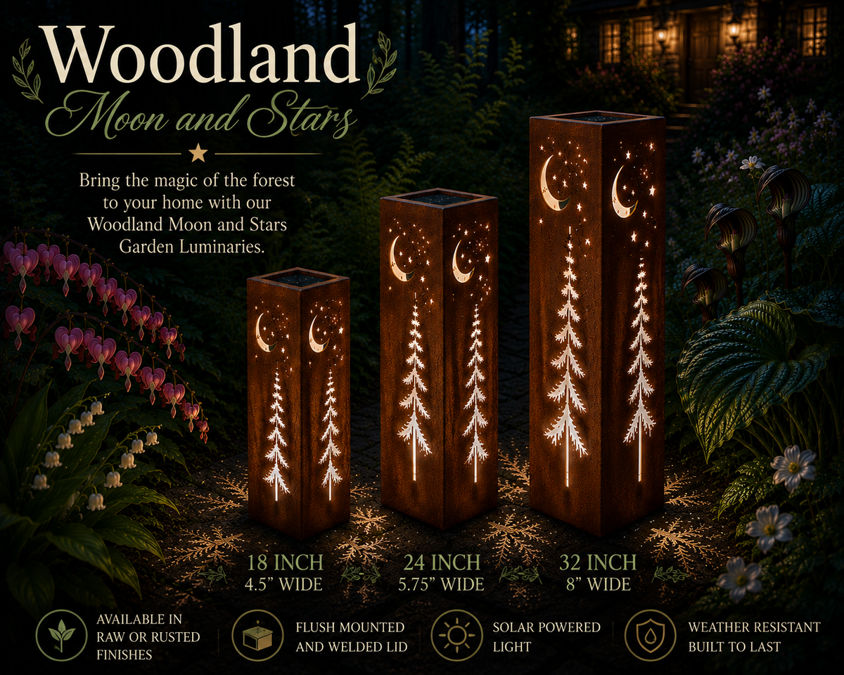 Woodland Moon and Stars 18, 24 and 32 inch solar luminary size and finish infographic