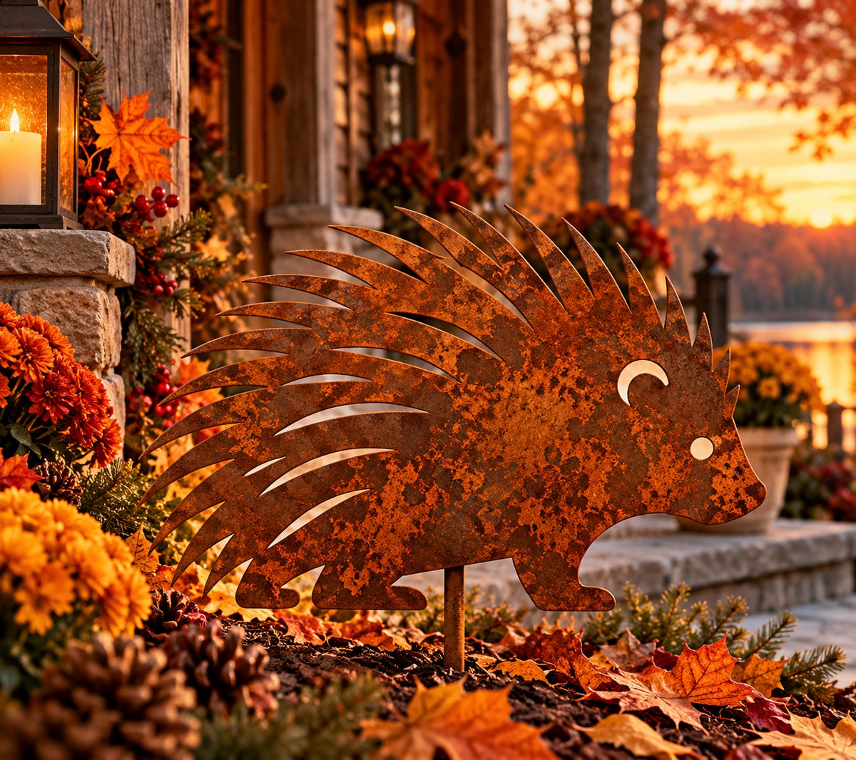 Rusted Woodland Porcupine Metal Garden Stake with sweeping quills and open quill, ear, and eye details, styled among autumn leaves and mums beside a rustic porch.