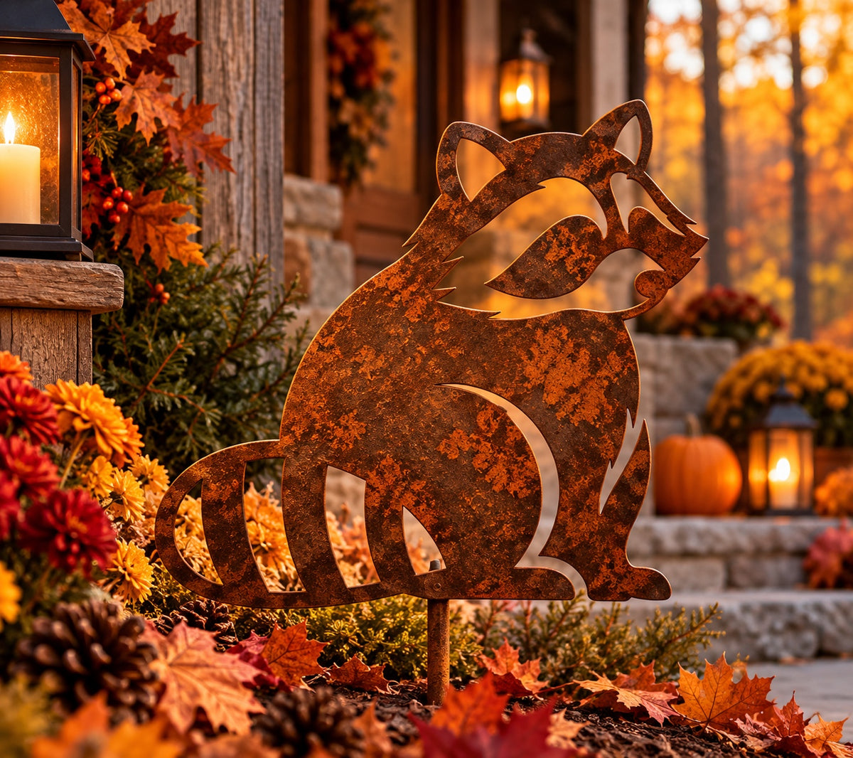 Rusted Woodland Raccoon Metal Garden Stake with a seated silhouette, open facial mask details, and striped tail cutouts, styled among autumn mums beside a cabin porch.