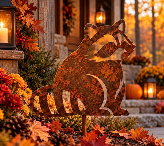 Rusted Woodland Raccoon Metal Garden Stake with a seated silhouette, open facial mask details, and striped tail cutouts, styled among autumn mums beside a cabin porch.