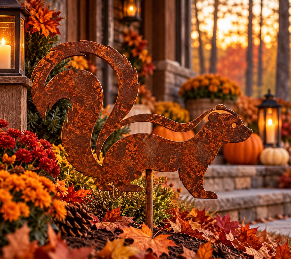 Rusted Woodland Skunk Metal Garden Stake with a raised sweeping tail and open stripe and eye details, styled among autumn mums and leaves beside a cabin porch.