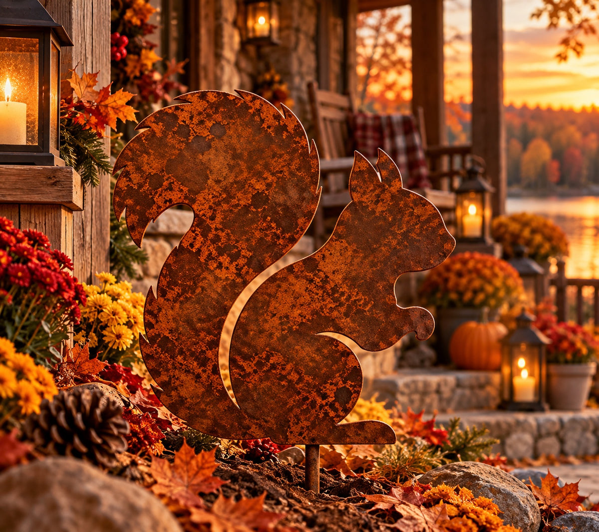 Rusted Woodland Squirrel Metal Garden Stake with a large curled tail and raised front paws, styled among autumn leaves and mums beside a cabin porch.
