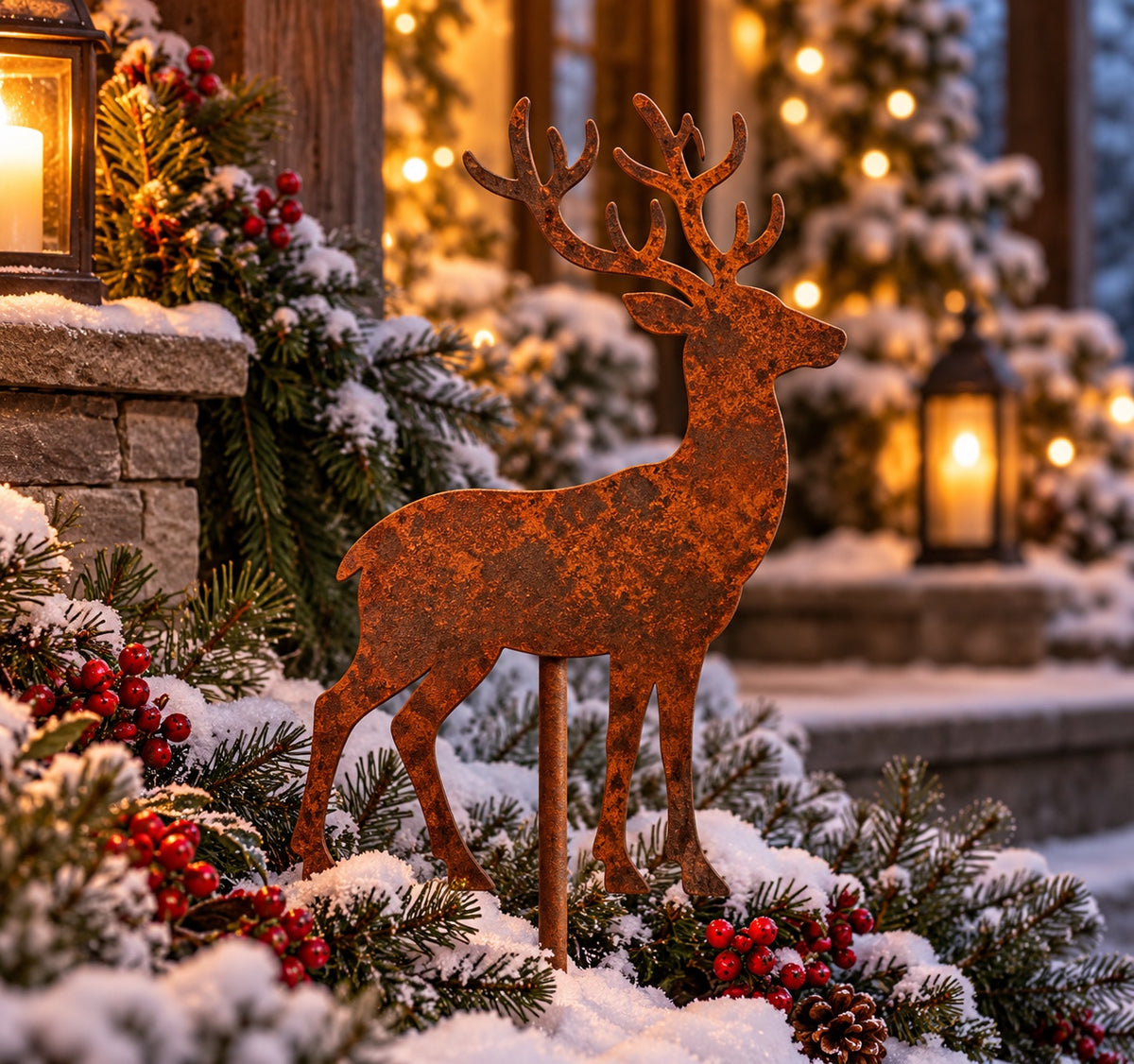 Rusted Woodland Winter Reindeer Metal Garden Stake with a standing silhouette and branching antlers, styled in a snowy porch planter with evergreen branches and red berries.