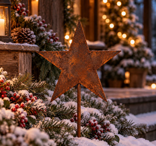 Solid five-point rusted steel star garden stake styled among snowy pine branches and red berries beside a warm lantern-lit winter porch.